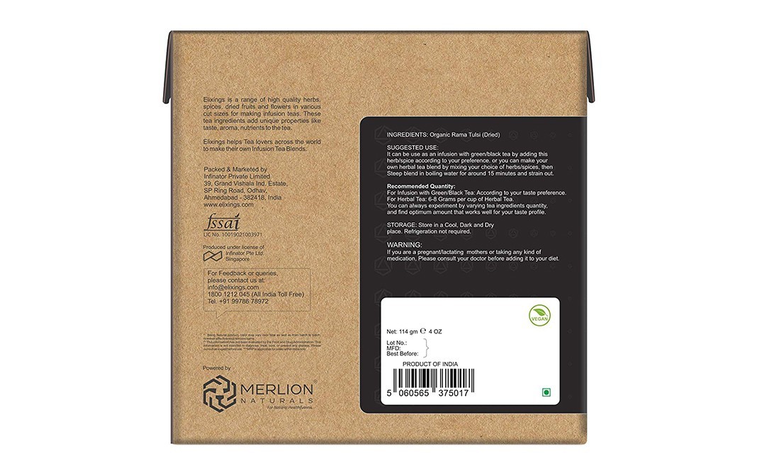 Elixings Organic Rama Tulsi Ocimum Tenuiflorum Loose Leaf Cut   Box  114 grams